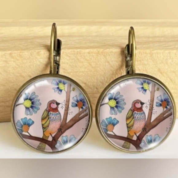 2/30$ Or 3/$35 Summer Boho Vintage bird glass bronze leverback earrings-(#0189) - Picture 1 of 4